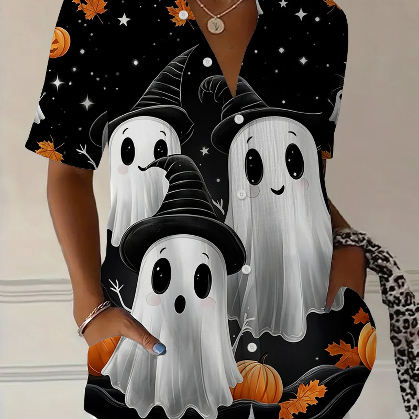 TEMU Summer Plus Size Women's Soft Cute Wizard Pumpkin Maple Leaf Printed Short Sleeve Shirt, Casual Beach Vacation Halloween Party Loose Casual