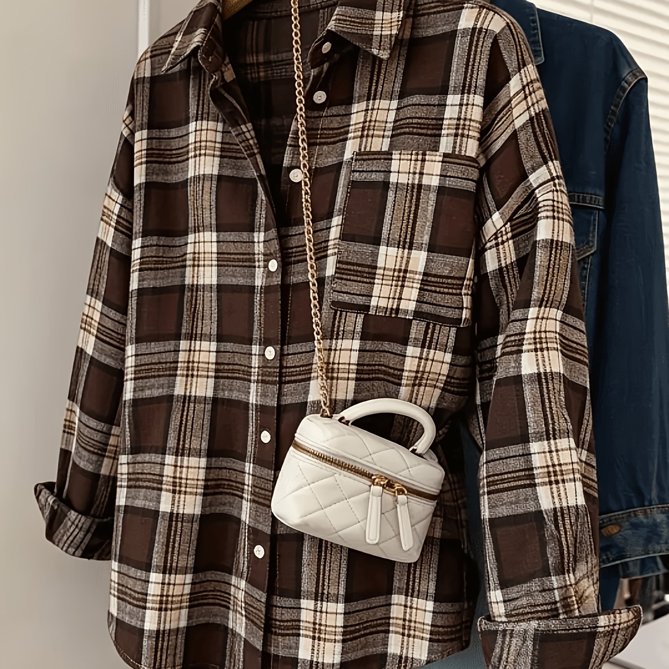 TEMU Women's /autumn Plaid Print Lapel Long Sleeve Loose Fit Casual Fashion Shirt