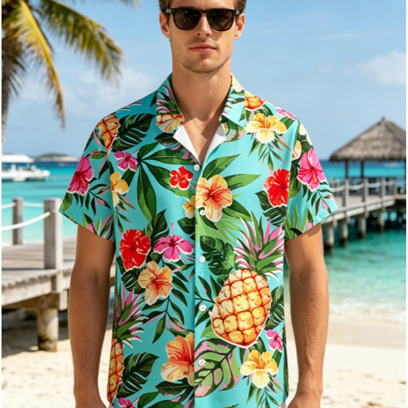 TEMU [printed Design - Not Textured] Men's Summer Beach Style Casual Short-sleeve Shirt With Fashionable Tropical Print, Suitable For Casual And