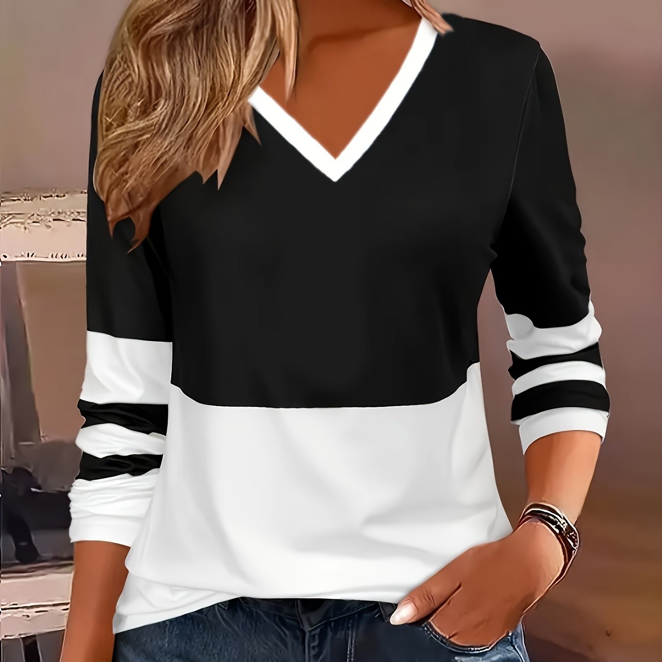 TEMU V-neck Women's Long Sleeve European And Fashion V-neck Split Long Sleeve T-shirt