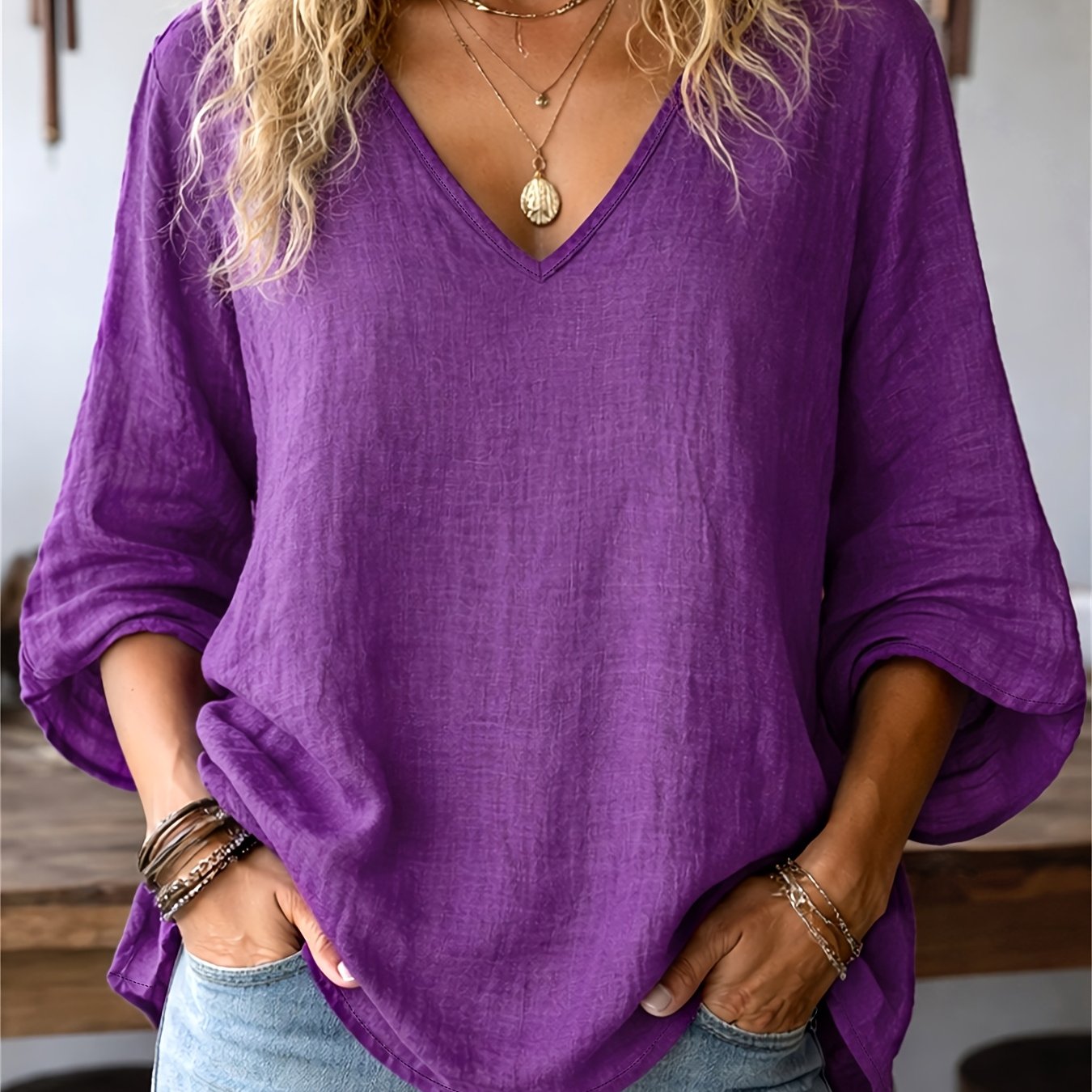 TEMU Women's Casual Fashion Solid V-neck Long Sleeve Shirt Top
