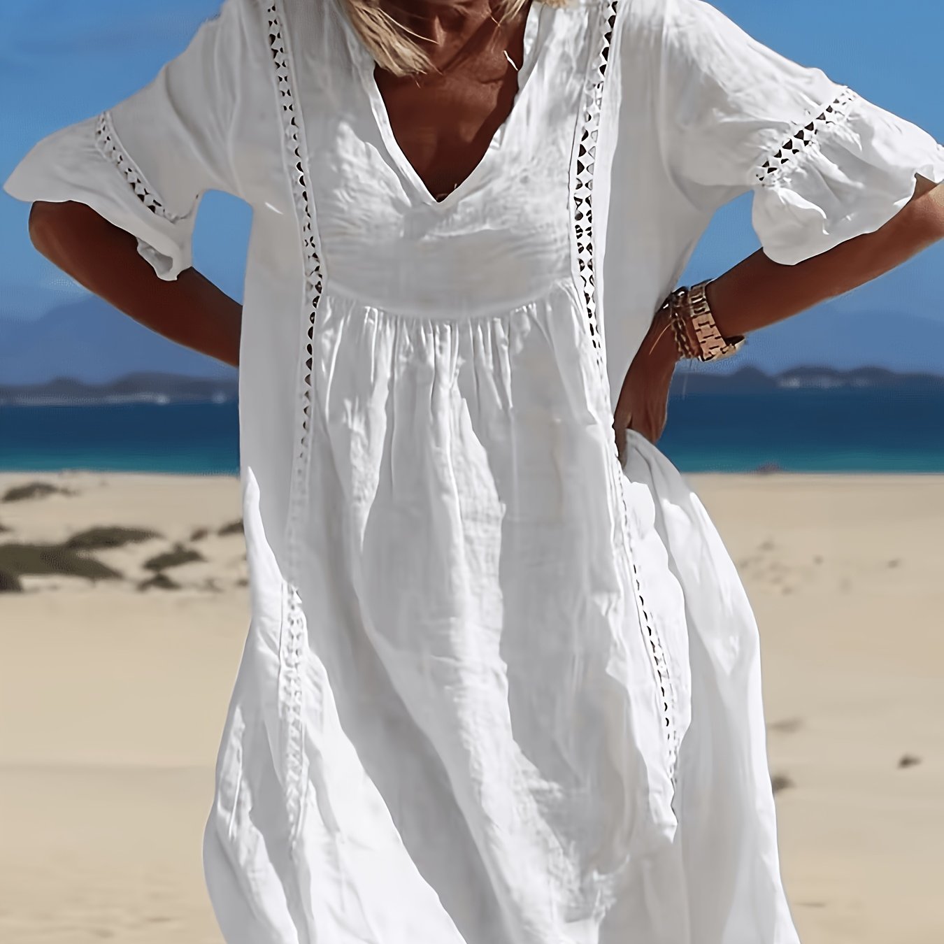 Plus Size, Plus Size Loose Solid Color V-neck Short Sleeve Lace Dress