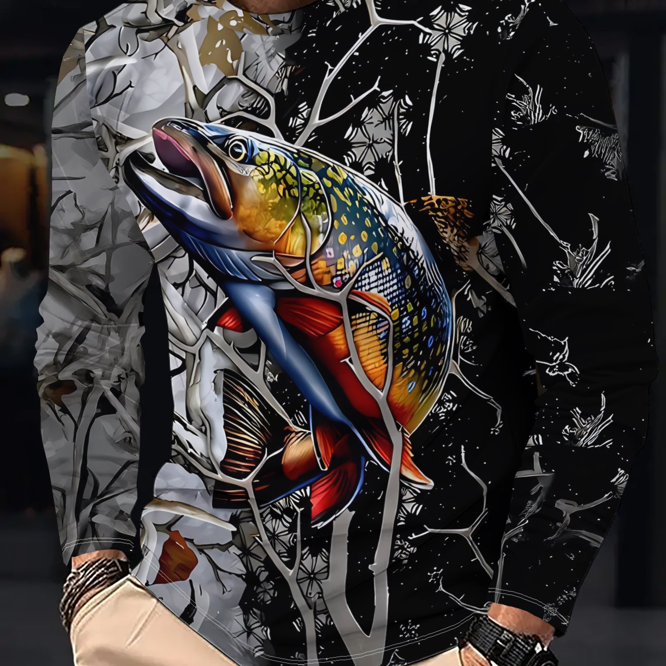 TEMU Men's Casual Long-sleeve T-shirt With Trout Fish Print - Soft Round Neck Suitable For Spring/autumn Outdoor Wear, & Street Fashion, Trout-themed