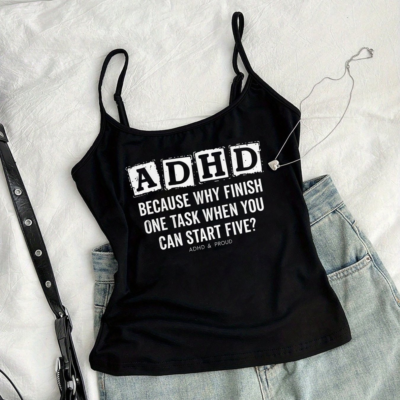 TEMU Round Neck Camisole With Adhd, Adhd Proud Pattern, Y2k Retro Hot Outfit, Adjustable Straps, Women's Summer New Style Short Camisole, Casual,