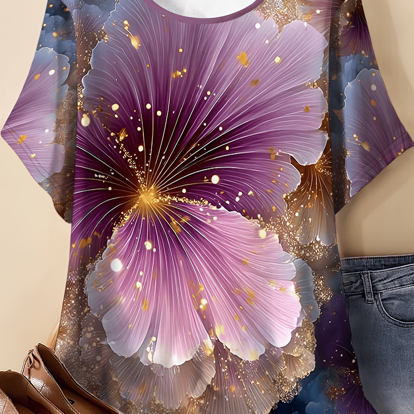 TEMU Gilded Glitter Purple Hibiscus Floral Print Short Sleeve Loose Size Crew Neck T-shirt, Light Luxury Artistic Casual Top For Women