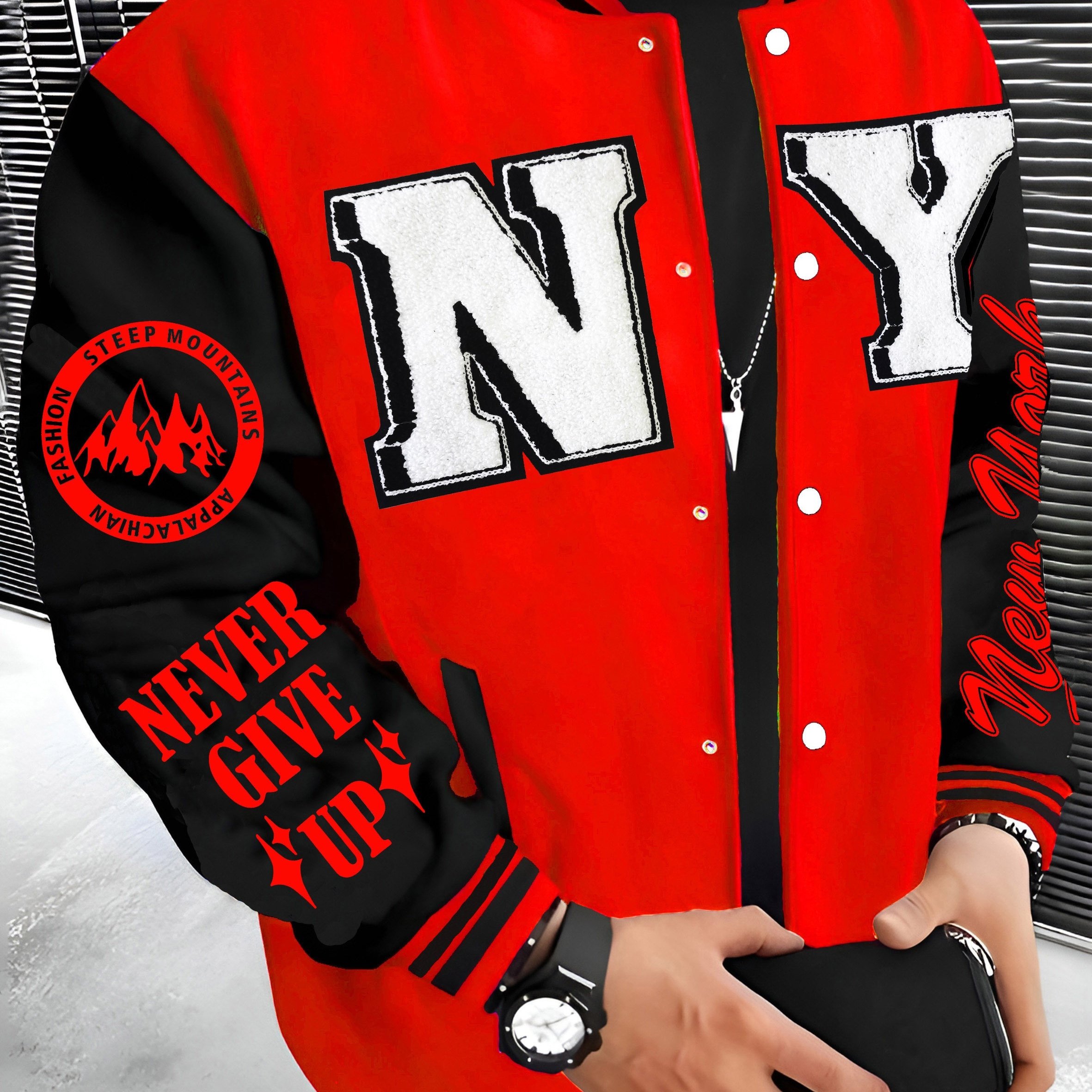 TEMU New Ny Embroidered Varsity Jacket - Lightweight, Warm Fleece-lined Baseball Coat For Men , Casual Hip Hop Rock Style , Fall/winter