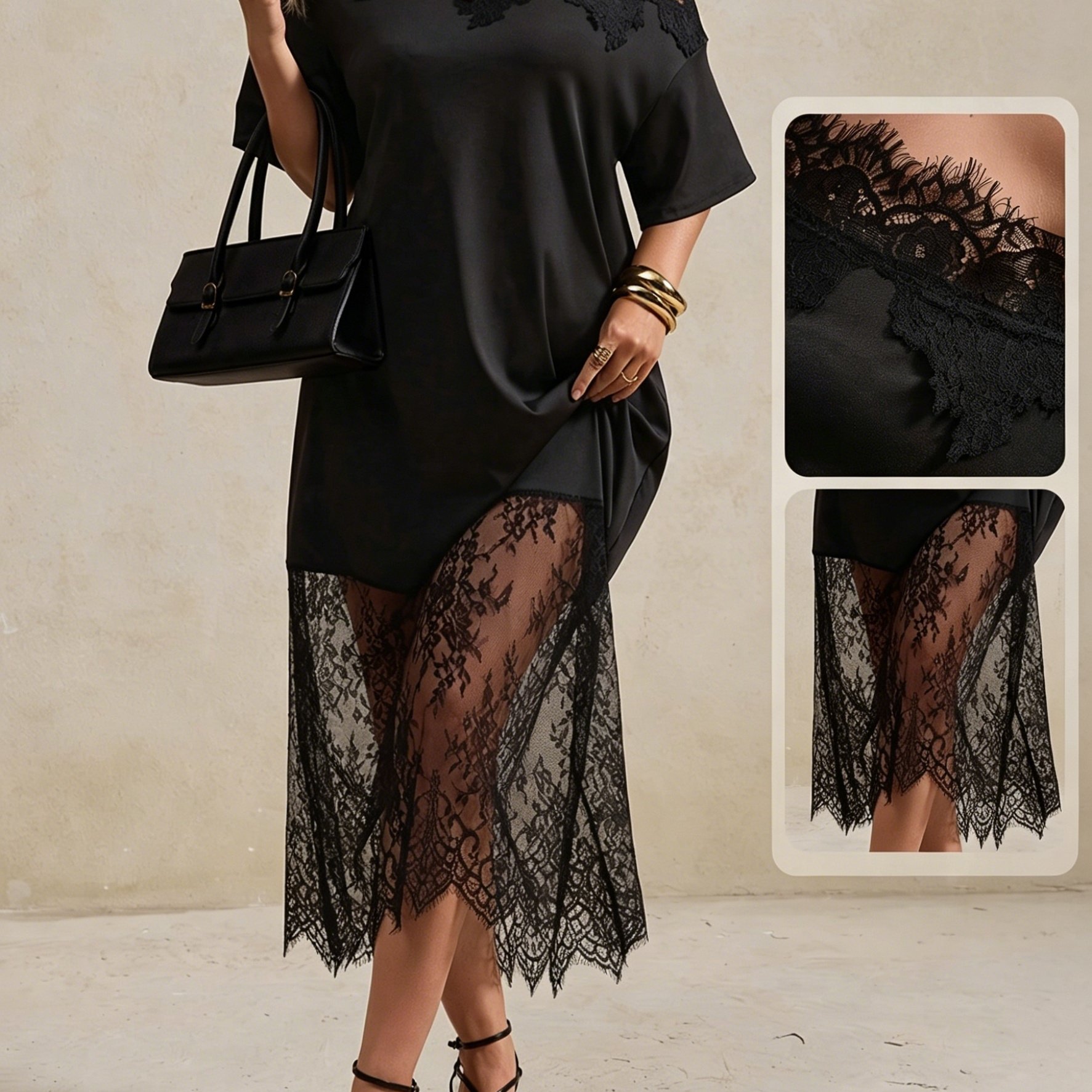 TEMU Plus Size, Plus Size Women' Off-the-shoulder Midi Dress - French Style Lace Short Sleeve A-line Dress With Sheer Mesh Hem | Belly Covering Short