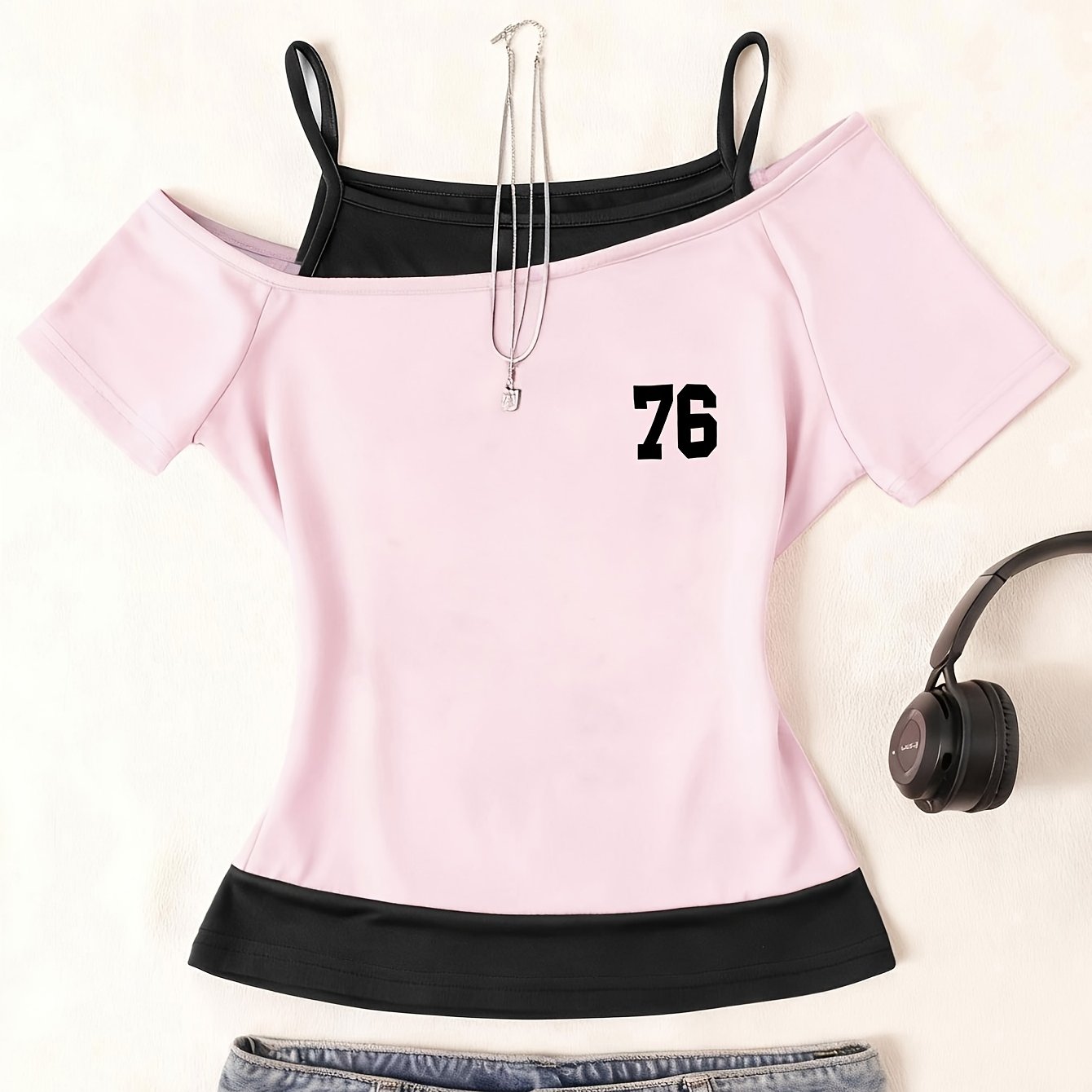 TEMU D372 - A Fashionable 2-in-1 Look Top, A And Versatile Off-shoulder Short-sleeve T-shirt For Spring And Summer, Featuring A Trendy Digital 76