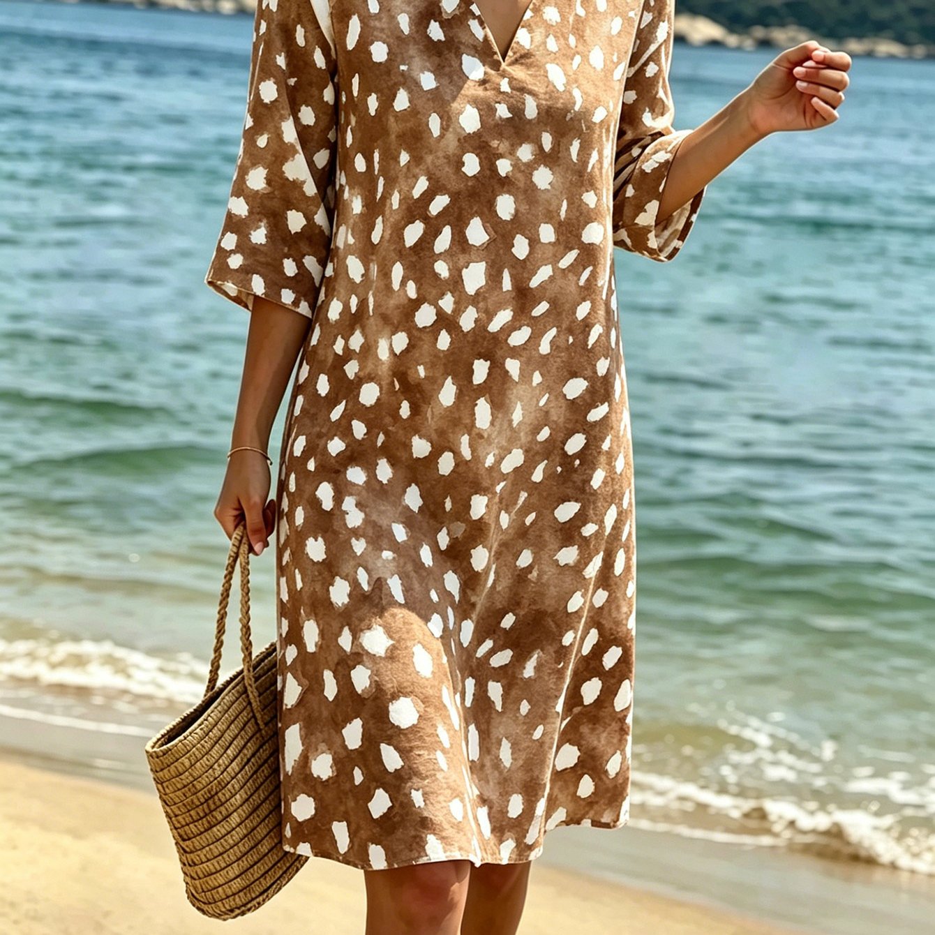 Women's Dress Dress Beach Outfit Leopard Print Dress V-neck Loose Fit 3/4 Sleeves No Specific Holiday Casual Skin-friendly Breathable Fabric Figure-flattering Ink- Leopard