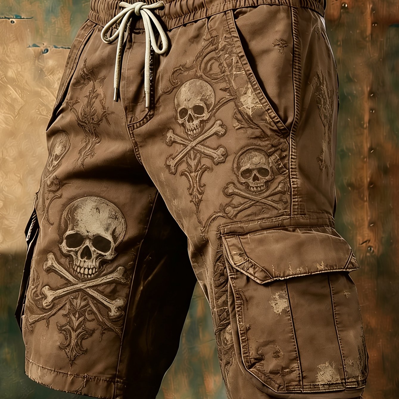 Men's Retro Skull Print Cargo Shorts - Dark Grey Washed Elastic Waist Short Pants Suitable For Summer, Casual Workwear With Beltless (no Belt Included), Machine Washable For Outdoor, & Casual Attire