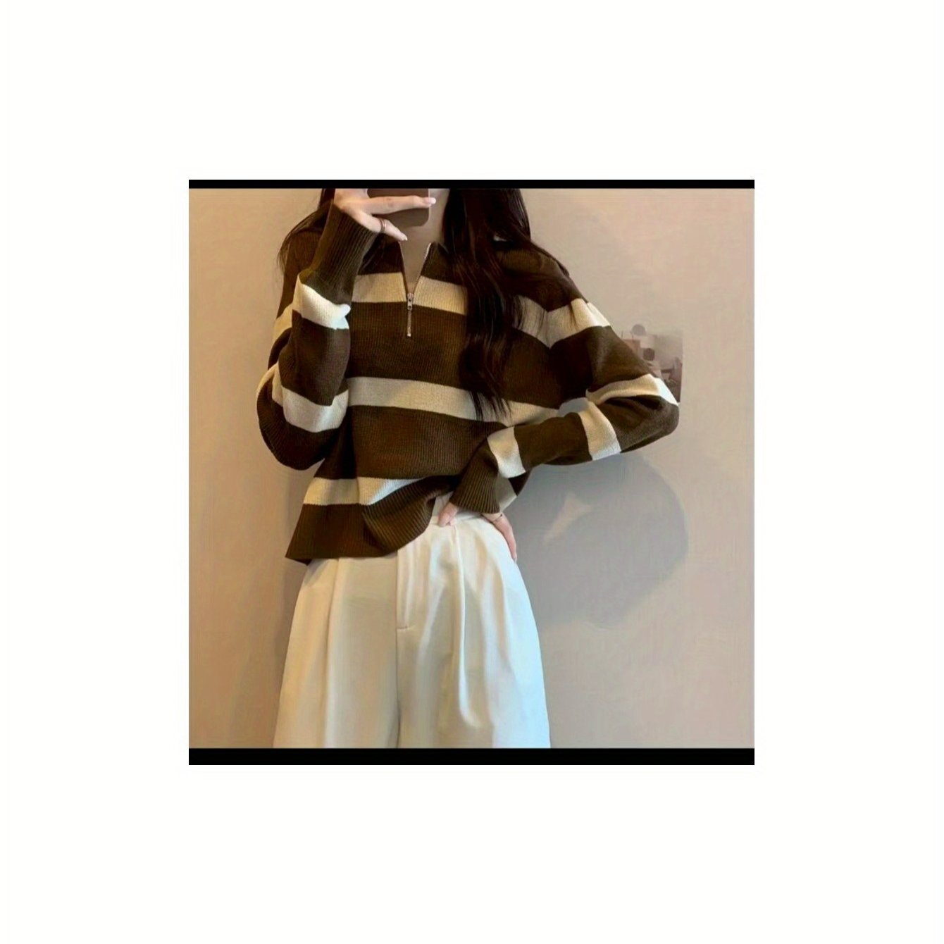 TEMU Striped Retro Lazy Wind Collar Loose Sweater Women's Early Autumn And Winter 2023 Niche Top