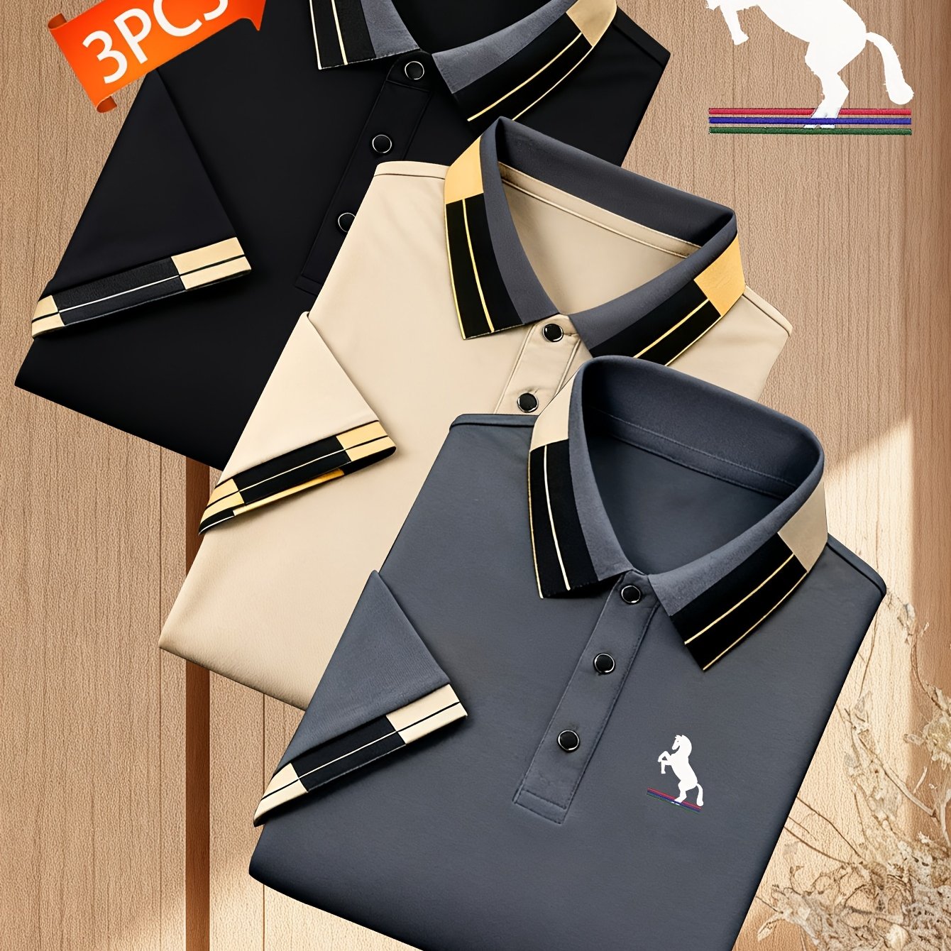 TEMU 3pcs Th-934 New High-end Men's Fashion Jacquard Collar Short Sleeve Shirt, Printed Pattern Fabric Comfortable Versatile , Suitable For Golf,