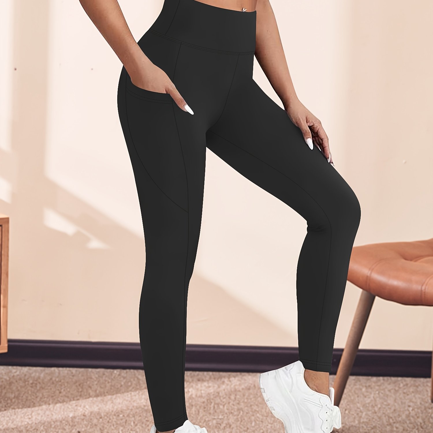Women's Fashion High-waist Crescent Pocket Cropped Leggings, Suitable For , Stretchy, Comfortable, And Soft, For Sports, Fitness, Running, And Daily Casual Wear, Machine Washable