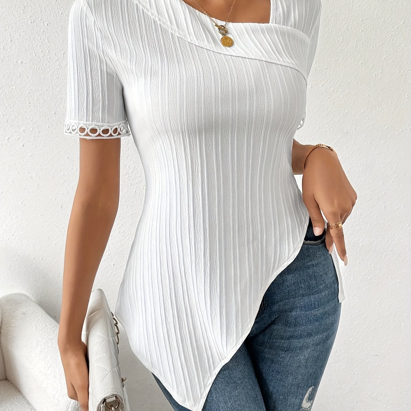 TEMU Contrast Lace Asymmetric Hem Blouse, Elegant Short Sleeve Ribbed Top For Spring & Summer, Women's Clothing