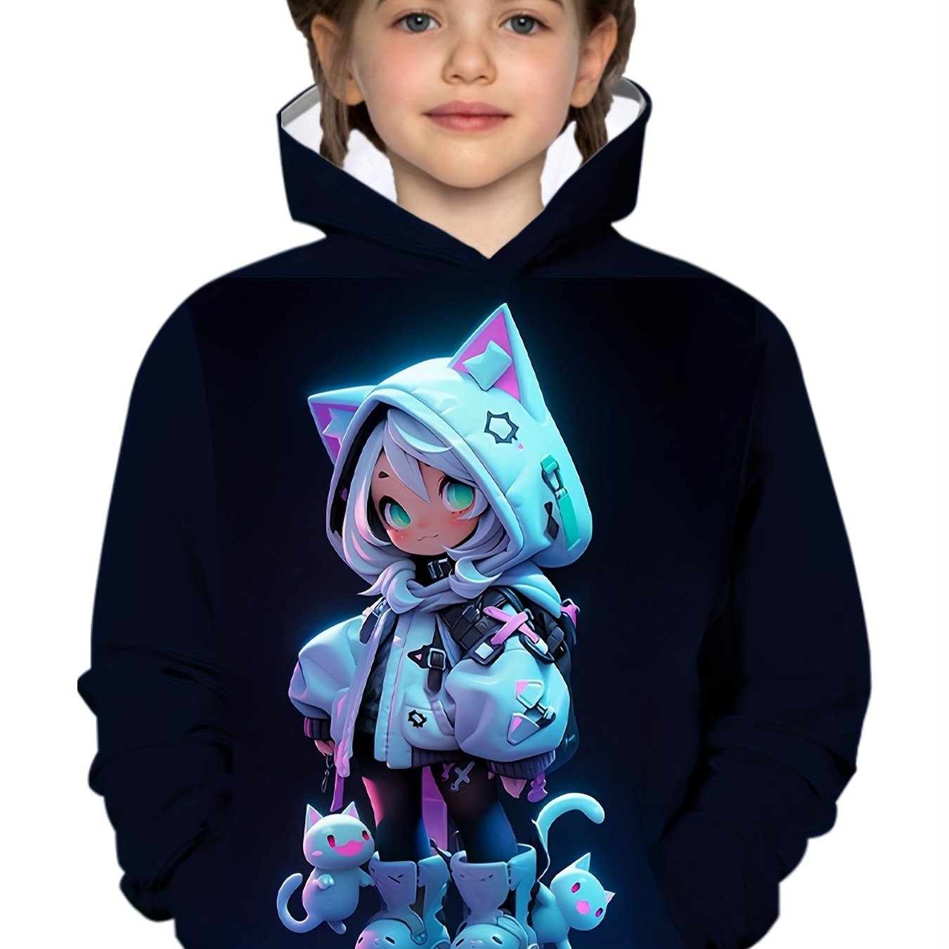Image of Cat Girl Sports Hoodie With Halloween Patterns For Outdoor Parties, Trendy Sweatshirt For Kids