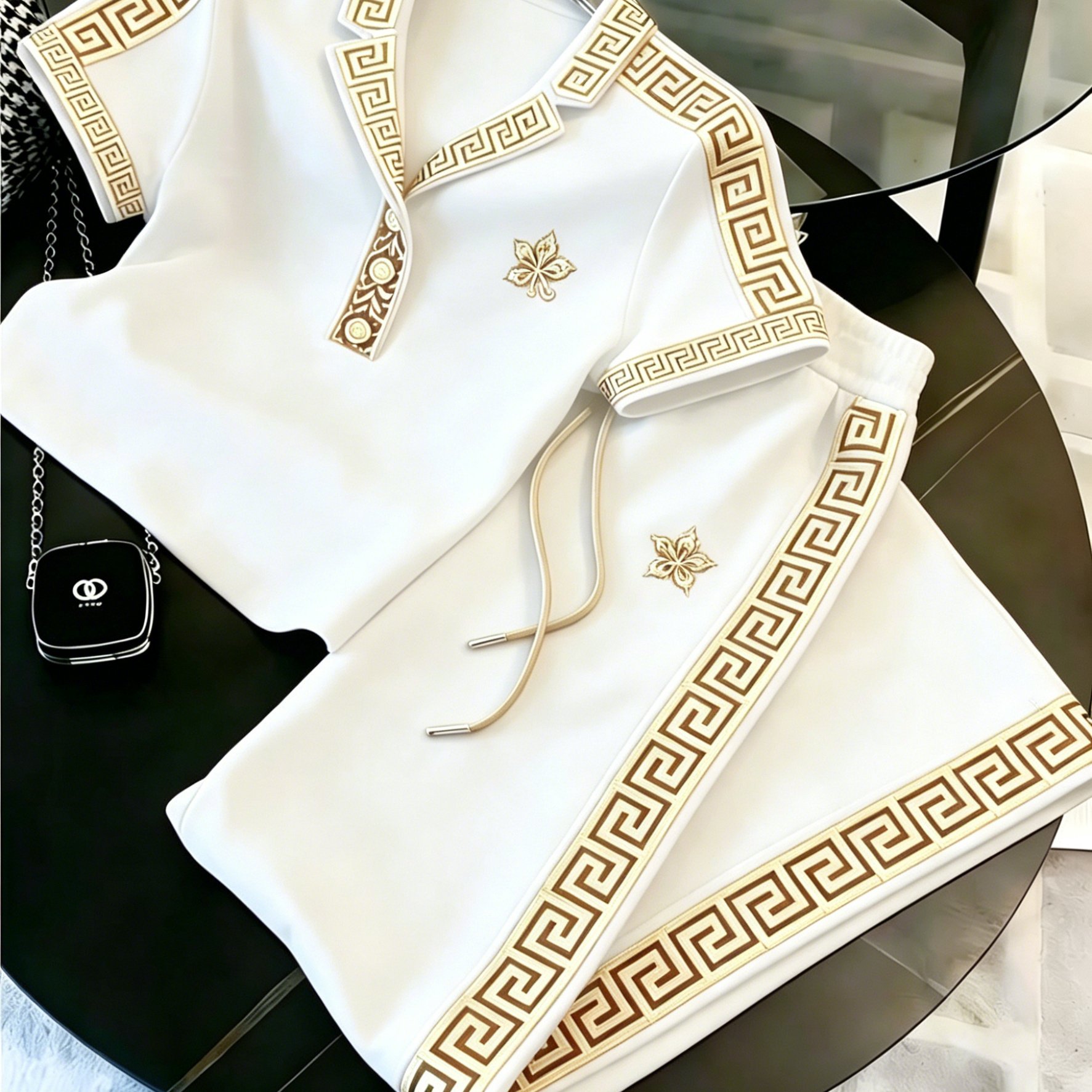Image of Teenager 2pcs Greek Key Trim Tracksuit, Golden Embroidery Short Sleeve Shirt& Drawstring Long Pants Set, Casual Athletic Outfit, Perfect For Outdoor, For Teenager