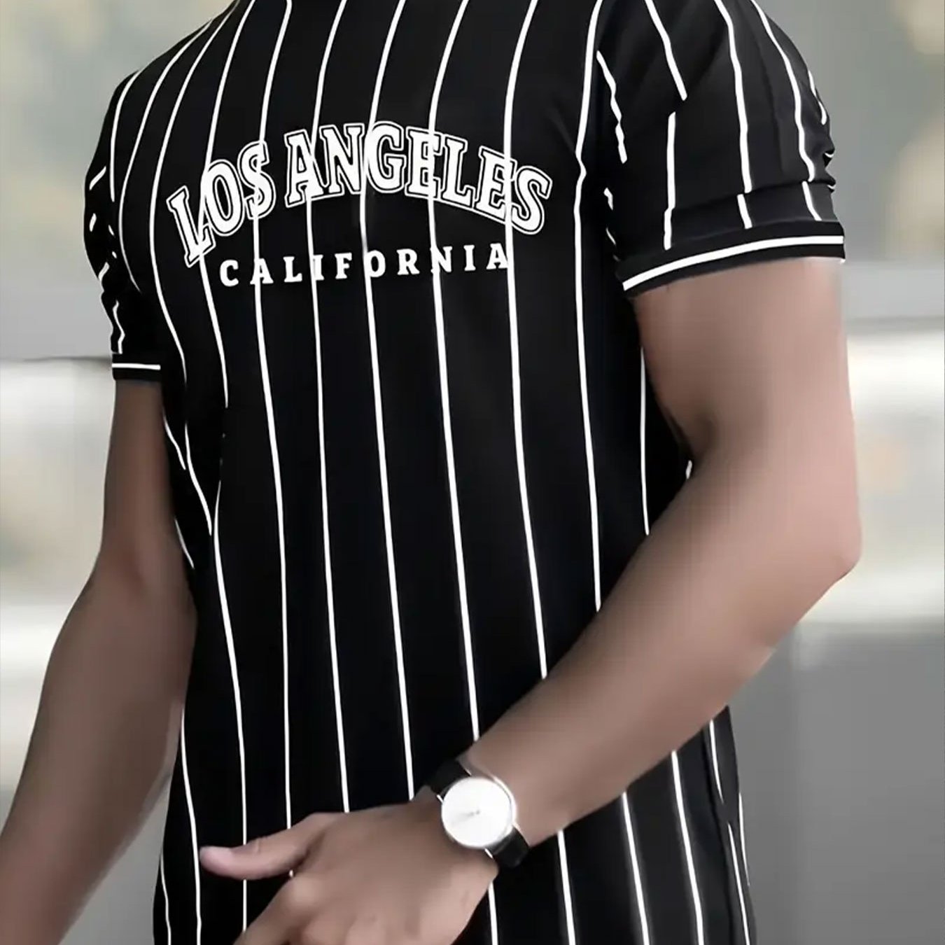 TEMU Fashion Black And White Pinstripe Men's T-shirt, Featuring "los Angeles" Lettering To Showcase Charm Of California, Casual Everyday Men's Tee,