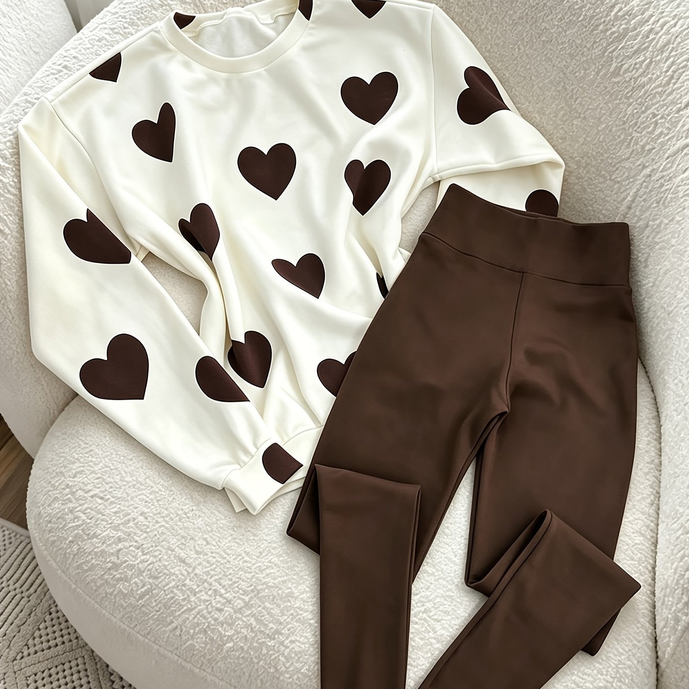 TEMU Women's New Autumn And Winter Clothing, Including A Heart Printed Round Neck Casual Sweatshirt And Solid Color High-waist Leggings 2pcs Set, The