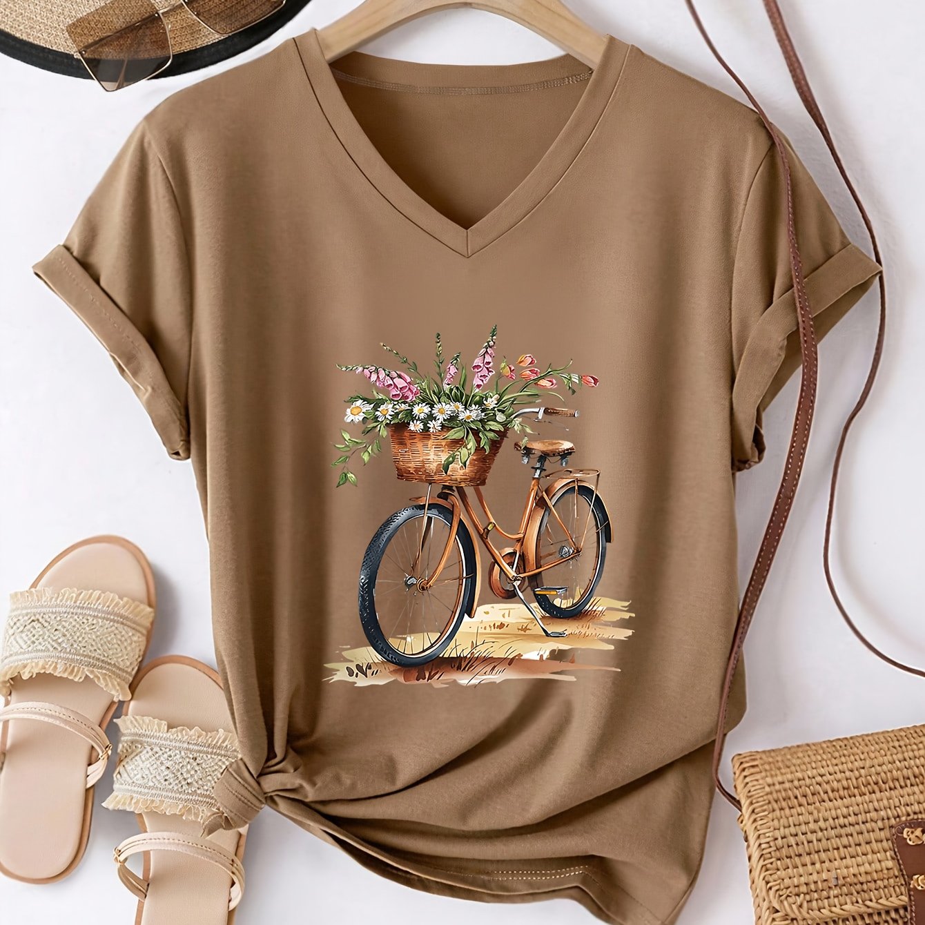 TEMU Women's Casual Short Sleeve T-shirt | Floral And Bicycle Pattern, Regular V-neck, , Breathable Fabric