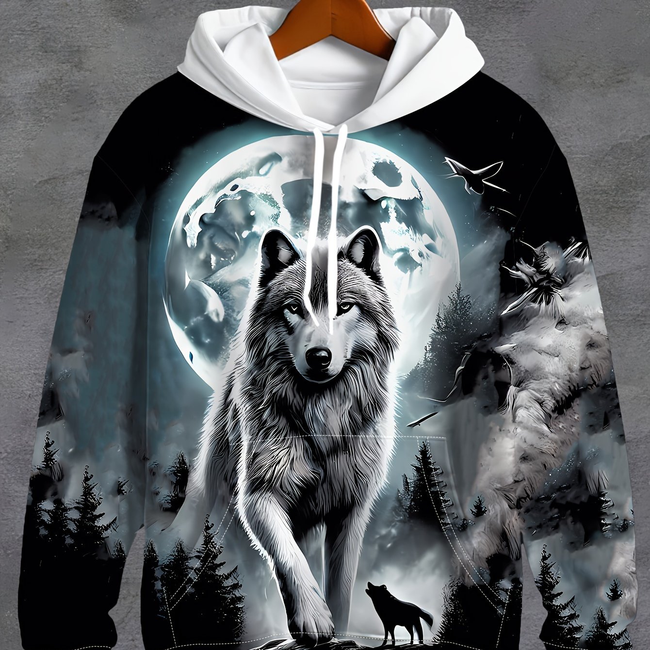 TEMU 3d Men' White Wolf Pattern Long Sleeve Casual Hoodie With Drawstring Pocket, Fashionable Pattern Hoodie Jacket Sport Fashion Sport Casual And