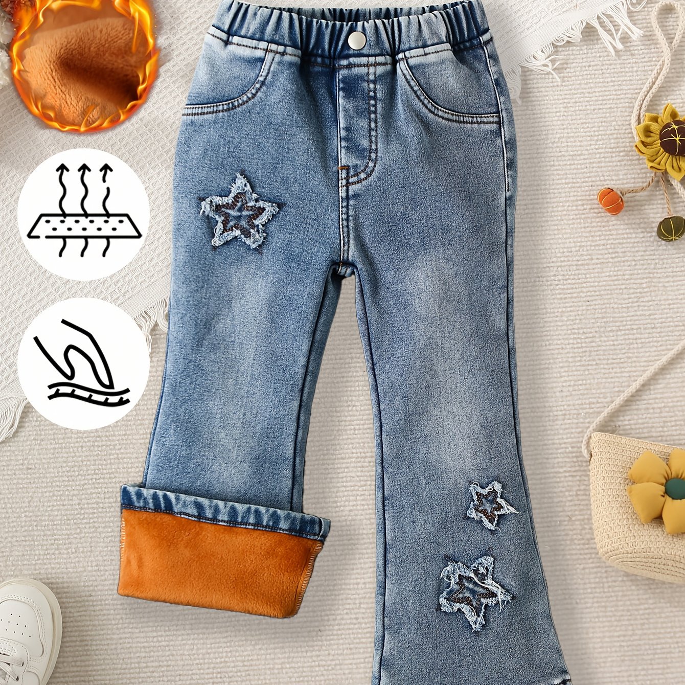 Image of Autumn Winter New ' Fashion Trendy Star Embroidered Fleece Lined Thick Warm Bell-bottom Jeans, Elastic Waistband, Machine Washable, Fabric, Comfortable For Casual