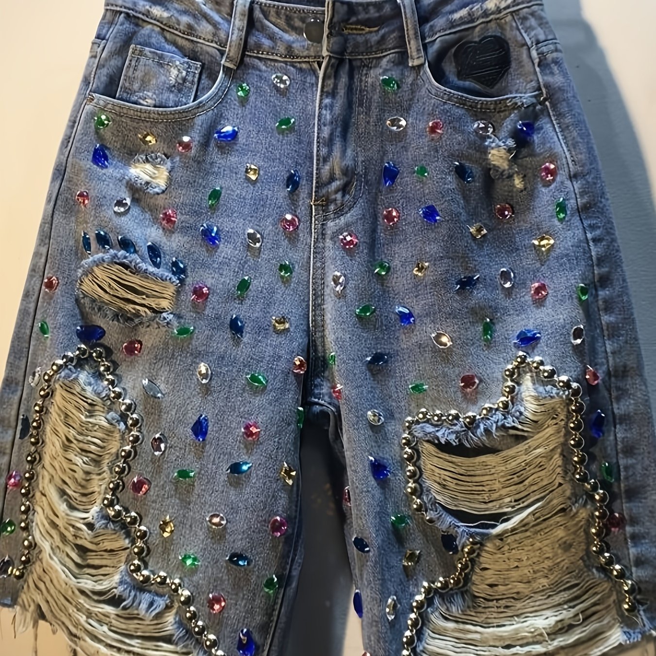 TEMU 2026 Summer New Women's Heavy Rhinestone Ripped Denim Shorts, Frayed Edge With Metal Studs, Low Waist Loose Wide Leg Design, Distressed Washed