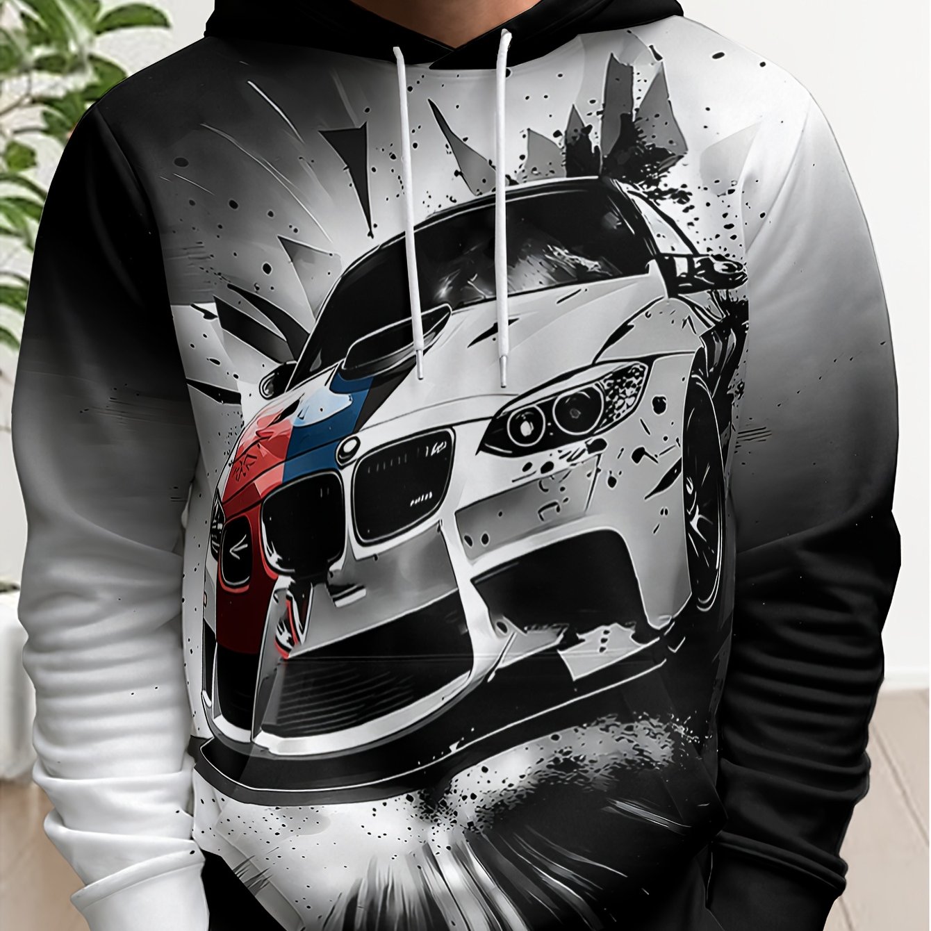 TEMU Men's Streetwear Brand Hooded Sweatshirt: A White Racing Car Through The With . - Full Of Streetwear Brand Style, The Drawstring Hood Adds A