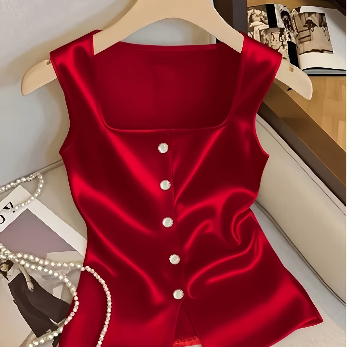 TEMU [Développement ZD260112023] Débardeur Satiné pour Femme à Carrée avec Boutons en Perles, Haut Manches Adapté pour , les et les Vacances