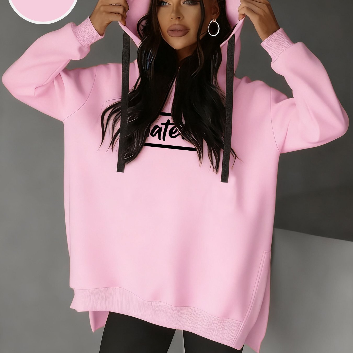 TEMU Women's Fashion Side-cut-out Hooded Drawstring Sweatshirt, Casual Long Sleeve Pullover, Print, , Stretch, Loose H-fit, Regular Length, Ideal For