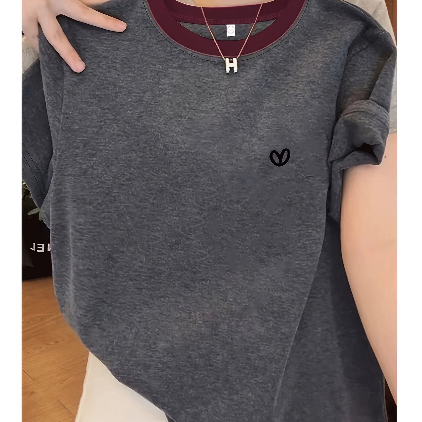 TEMU Spring Summer Easy Round Neck Contrast Fashion Loose All-match Casual Short Sleeve T-shirt Women's Top Inlay Print Pattern