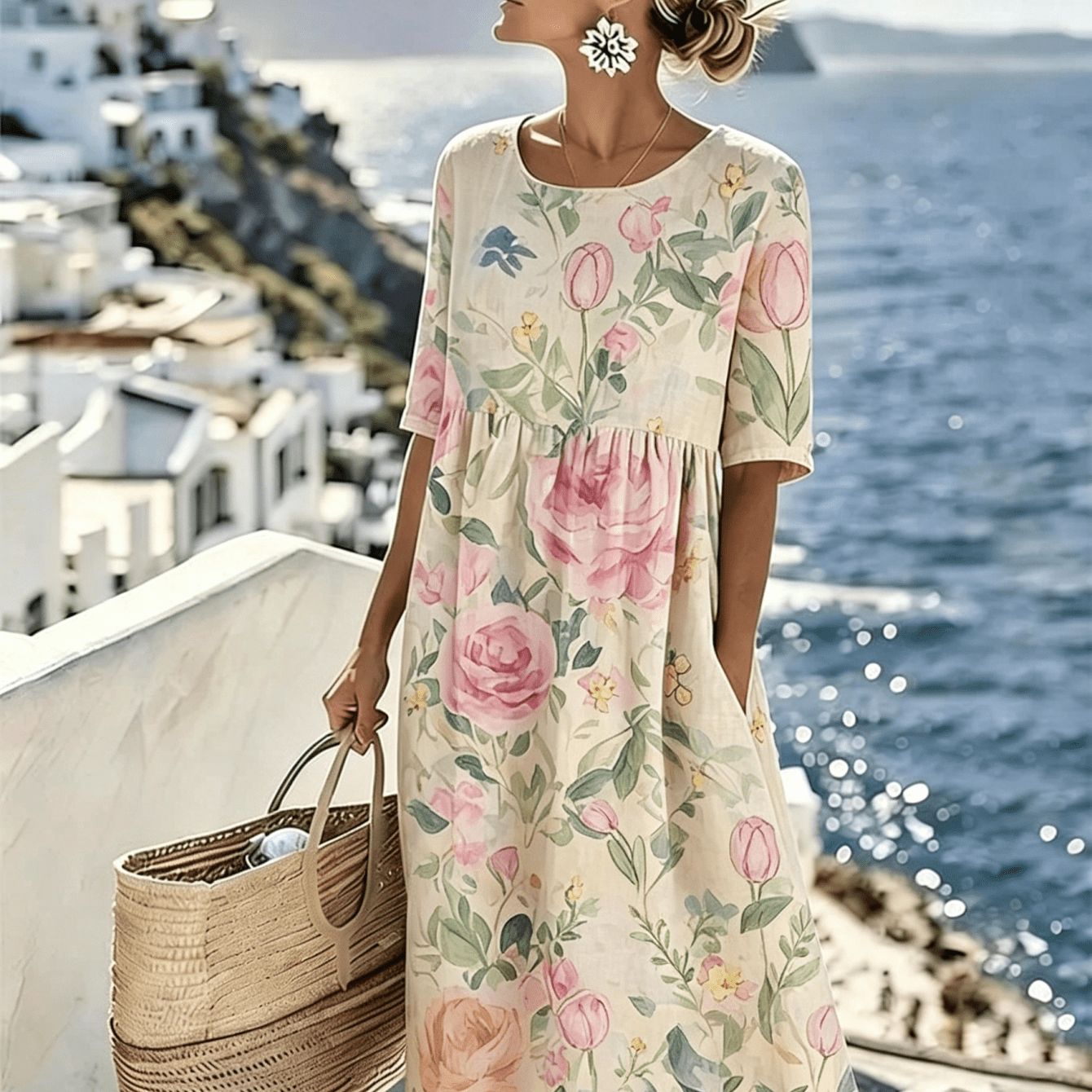 Image of Women's Pink Print A-line Midi Dress - Half-sleeve Round Neck Waist Shortening Dress Suitable For Vacation, Weddings, Spring/summer Outfits, Casual Loose Fit Dress With Skirt (machine Washable)