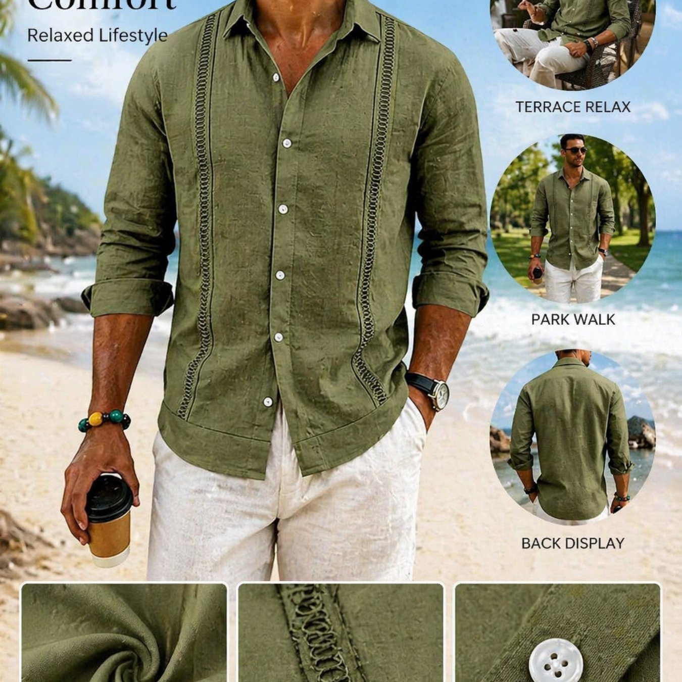 TEMU Men's Hollow-out Decorated Linen Shirt, Loose Casual Turn- Collar Long-sleeved Top For Spring And Autumn