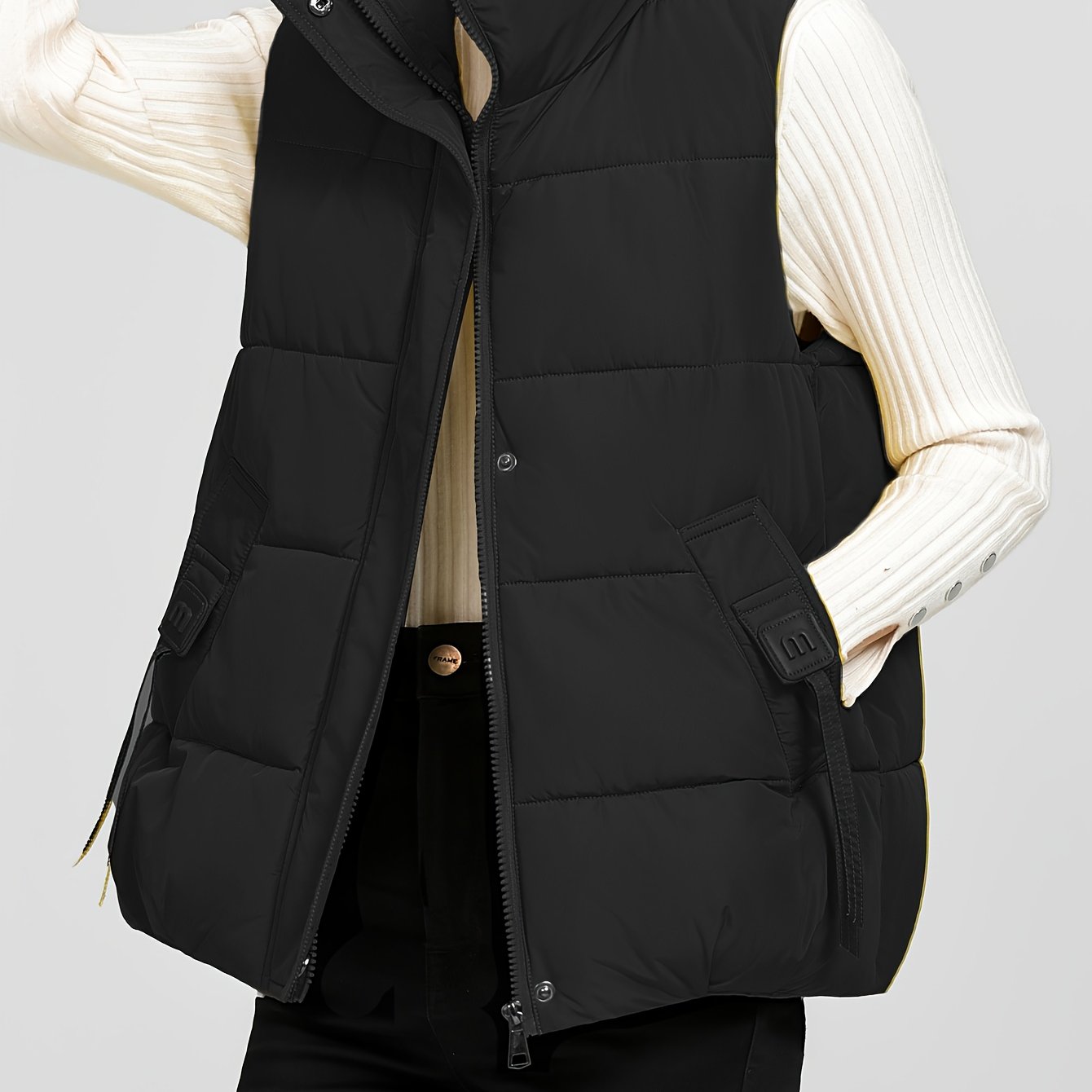 TEMU Women's Short Vest For Autumn And Winter, Featuring A Stand Collar, Loose Fit, Stylish Sleeveless Design, And Comfortable Padding