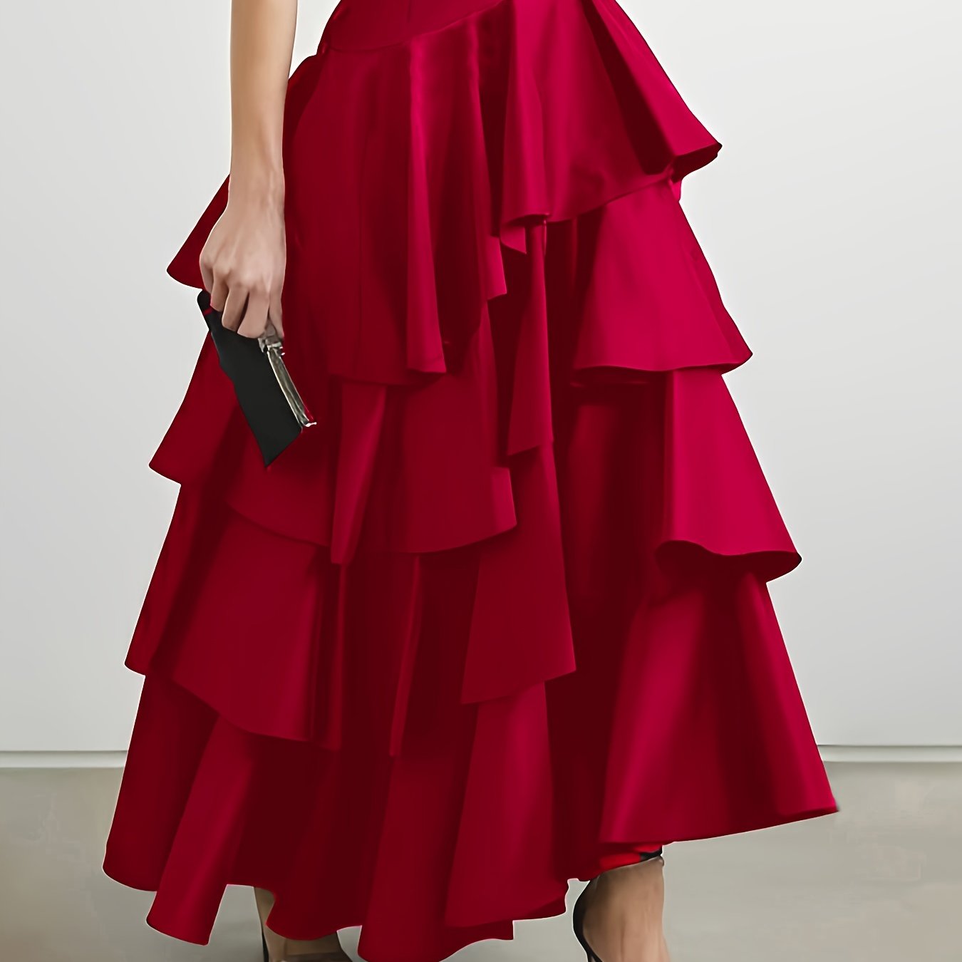 Umenlele Women's Ruched Ruffle Midi Skirt - High Low Asymmetrical Hem, Red, Medium - View #8