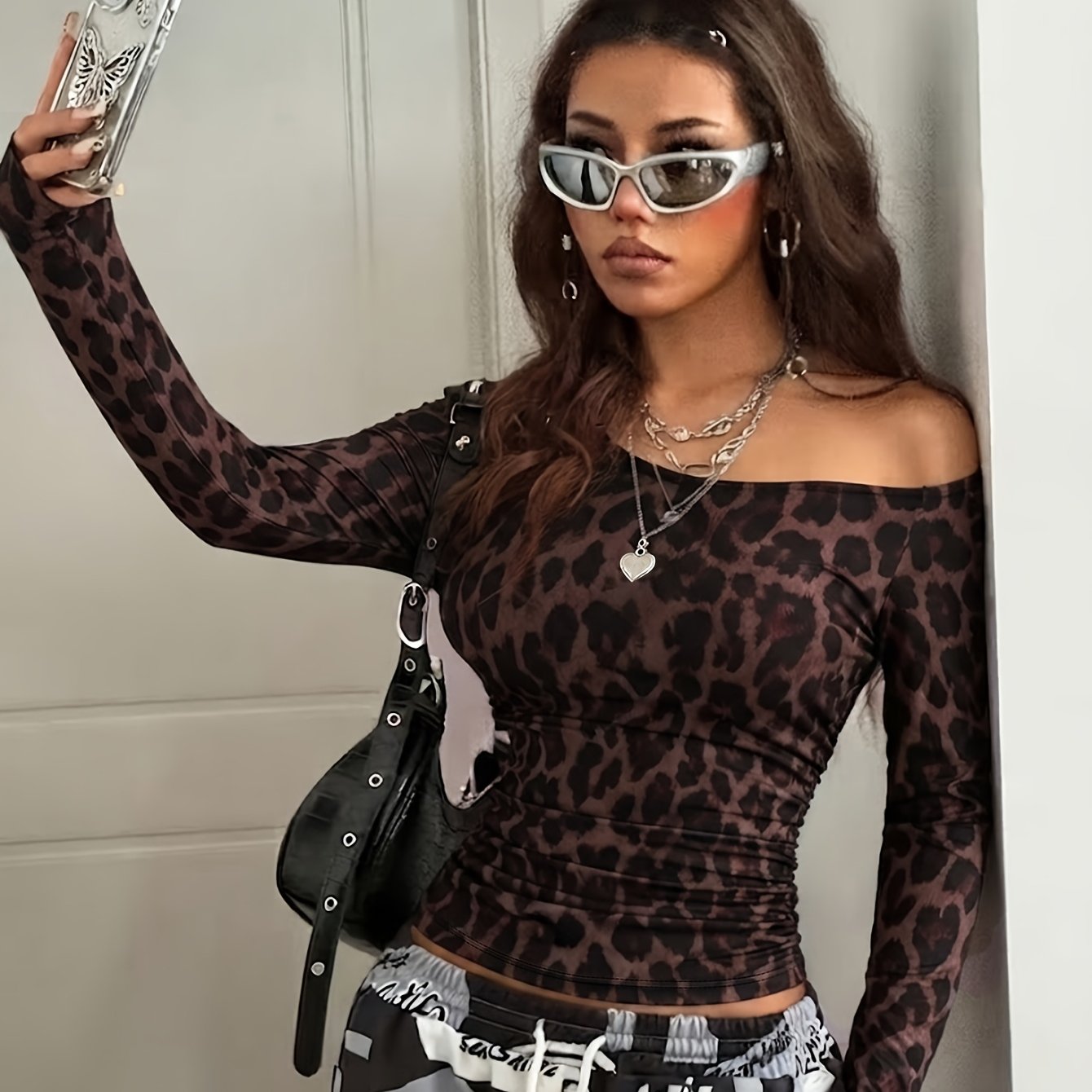 TEMU T-shirt pour femme à imprimé , à blocs de couleur, coupe ajustée, haut froncé à manches longues