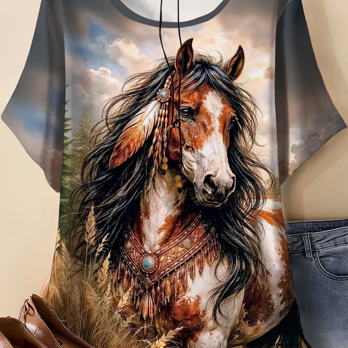 TEMU Plus Size - Plus Size - Summer Individual Women's Retro Horse Print Round Neck T-shirt Short Sleeve Top No Additions Not Included Additions