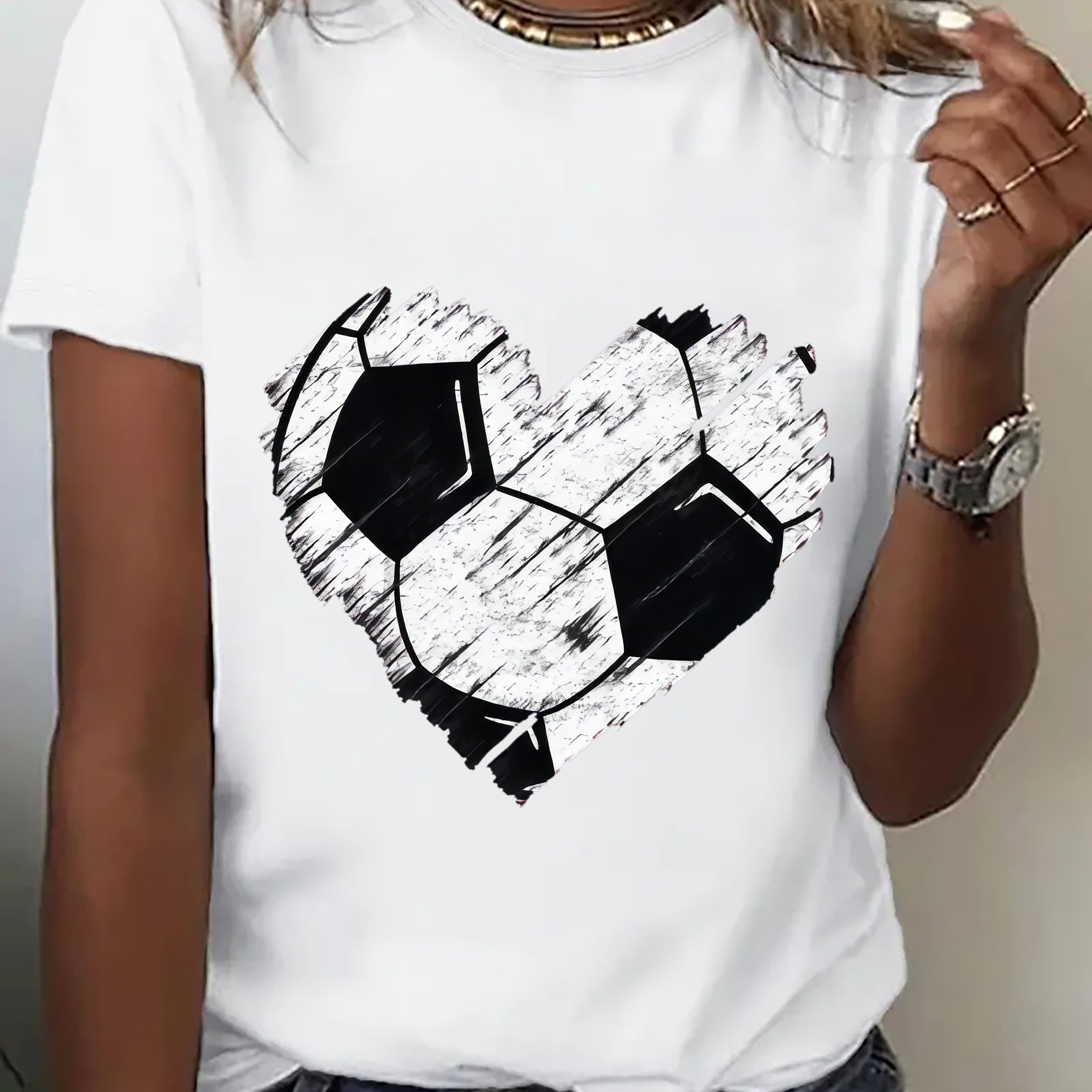 TEMU Women's Casual Fashion Heart-shaped Football Cartoon Letter Number Print Iron-on Transfer Sports T-shirt