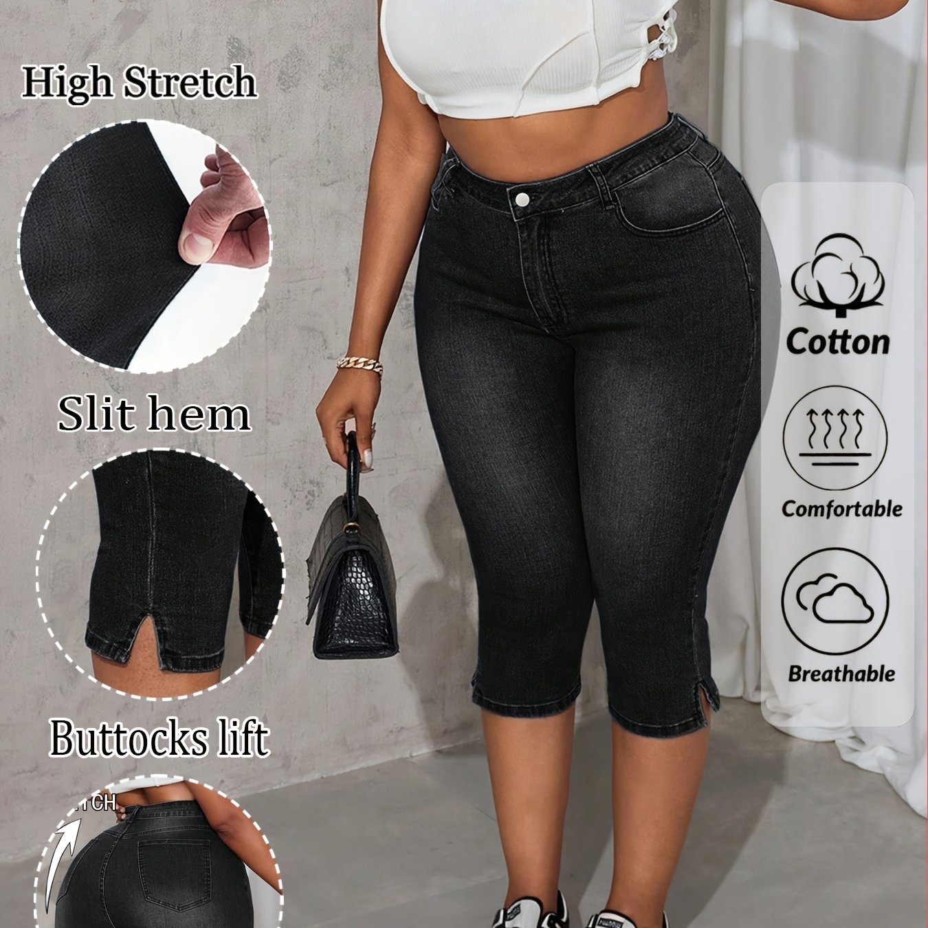 Image of Women's Plus Size Stretch Denim Capri Pants With Slit Hem, Suitable For Spring And Autumn Outfits, High-waist Cropped Jeans, Holiday And Commuting Wear, Women's Denim Jeans And Apparel
