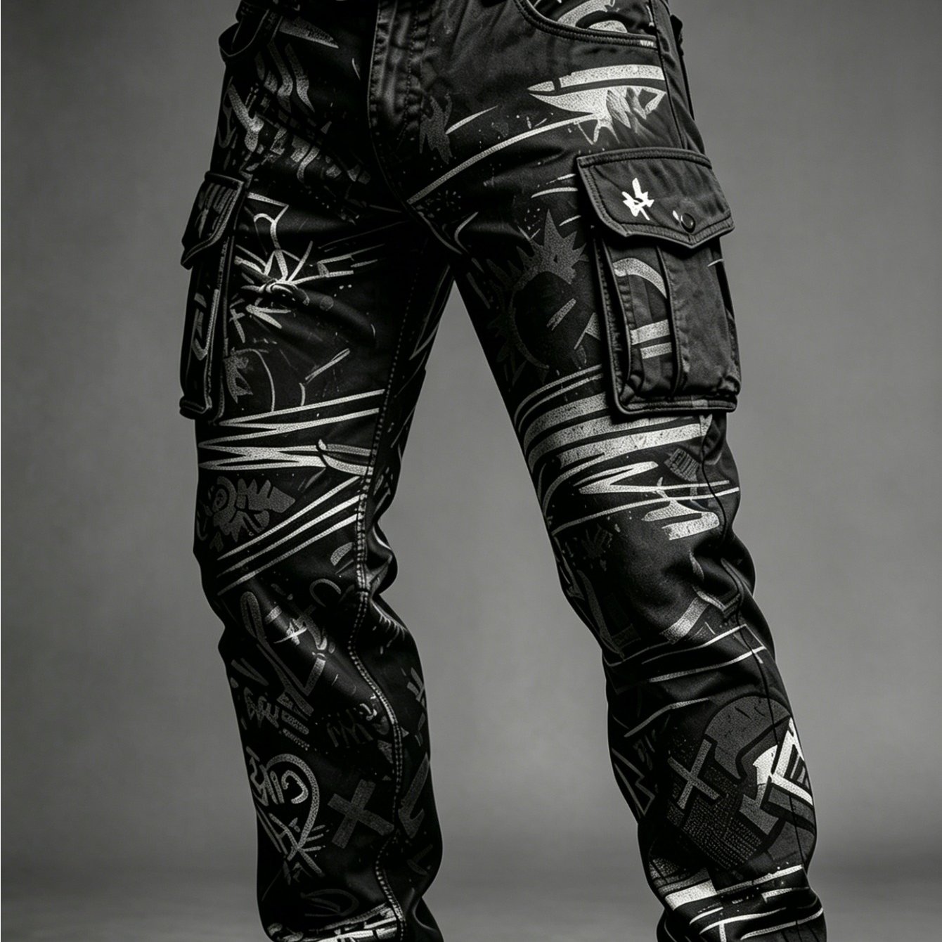 TEMU Men's Polyester Black Cargo Pants With Silver Graffiti Printed Straight Leg Multi Pocket Trousers Streetwear Style For Casual Wear Belt Not