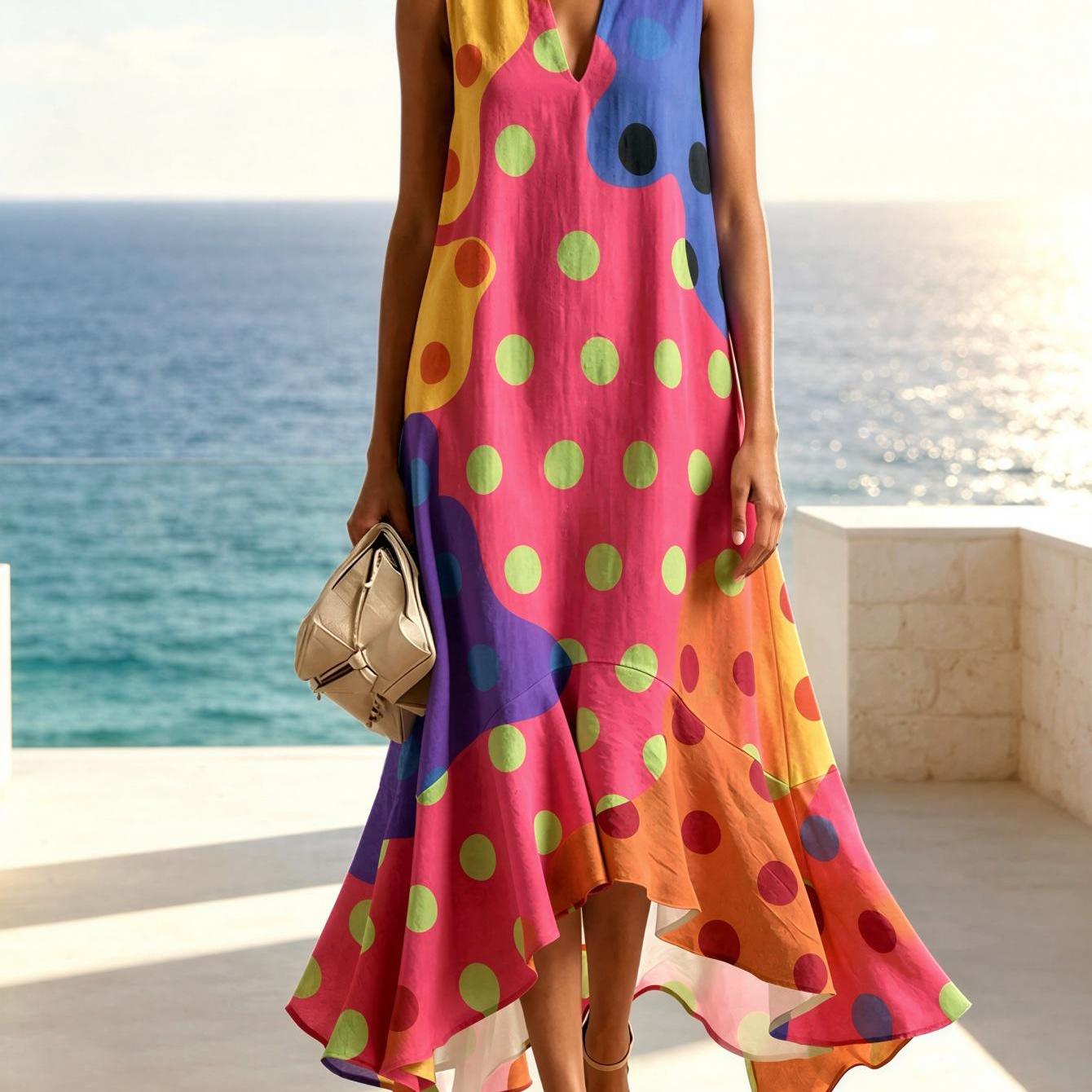 New Arrival Ladies Summer Long Dress With Prints Polka Dots Color Blocks Sleeveless Split V Neck Asymmetrical Hem Casual Beach Maxi Dress