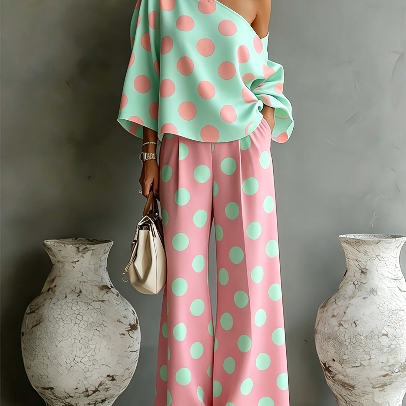 Image of Powder Contrast Color Big Polka Dot Printing Diagonal Shoulder Strapless Loose Wide-leg Trousers Two-piece Suit Women's Vitality Home Outing Seaside Vacation Women's Clothing