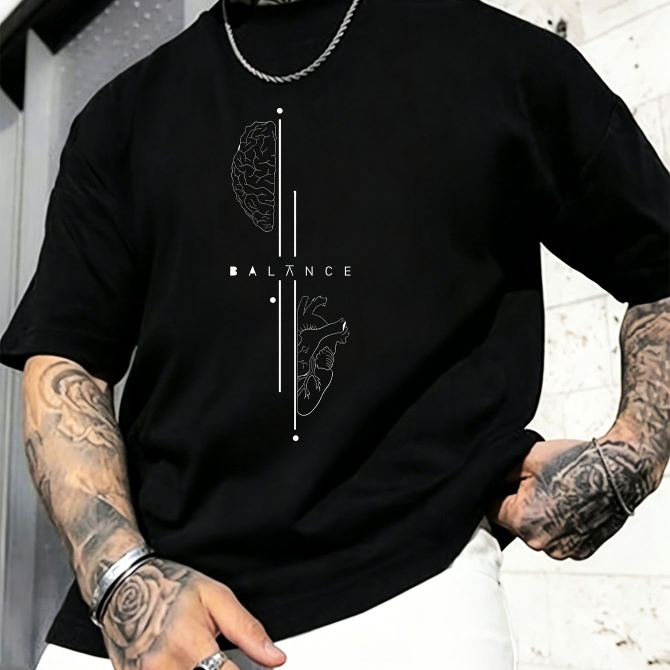 ' Balance Oversized T-shirt Men Summer Mind Graphic Tee Loose Fit Anatomy Top'