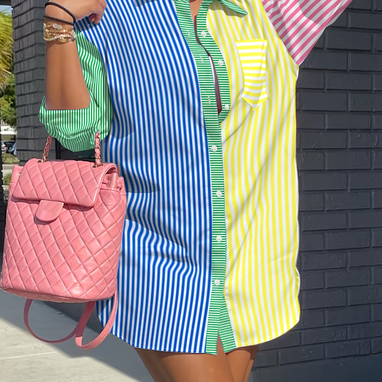 TEMU Dames Patchwork Print Gestreepte Overhemd