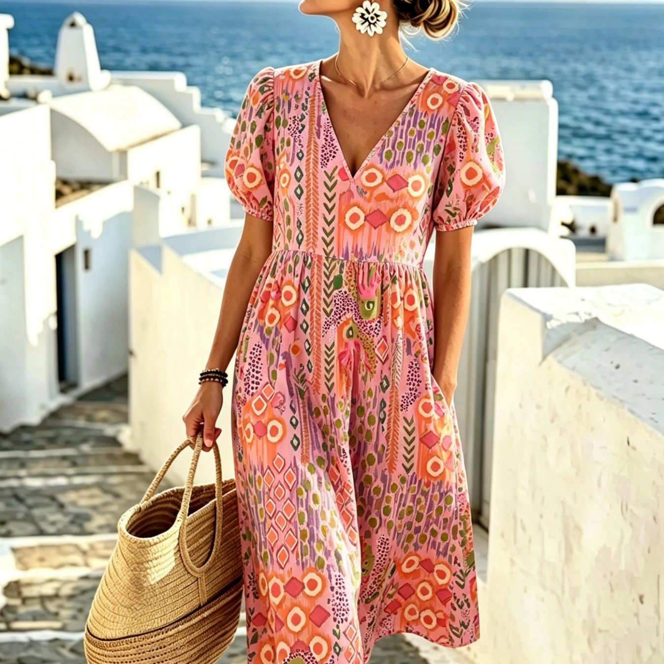 Image of Women's Summer V-neck Dress Geometric Floral Prints Pattern Puff Short Sleeves Elegant, Exquisite Fashionable Machine Washable With Pockets Suitable For Daily Wear Party Gatherings Perfect Gift