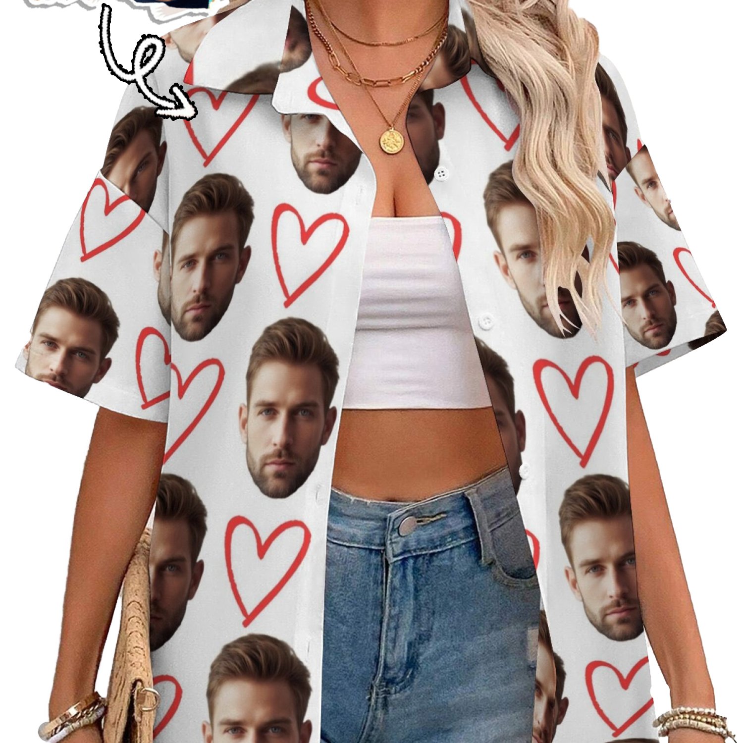 TEMU 2025 Custom Product - Custom Face Women's Hawaiian Shirt Add Your -face Smiling Photo Digital Printing On Casual Shirt Floral Pattern Mother's