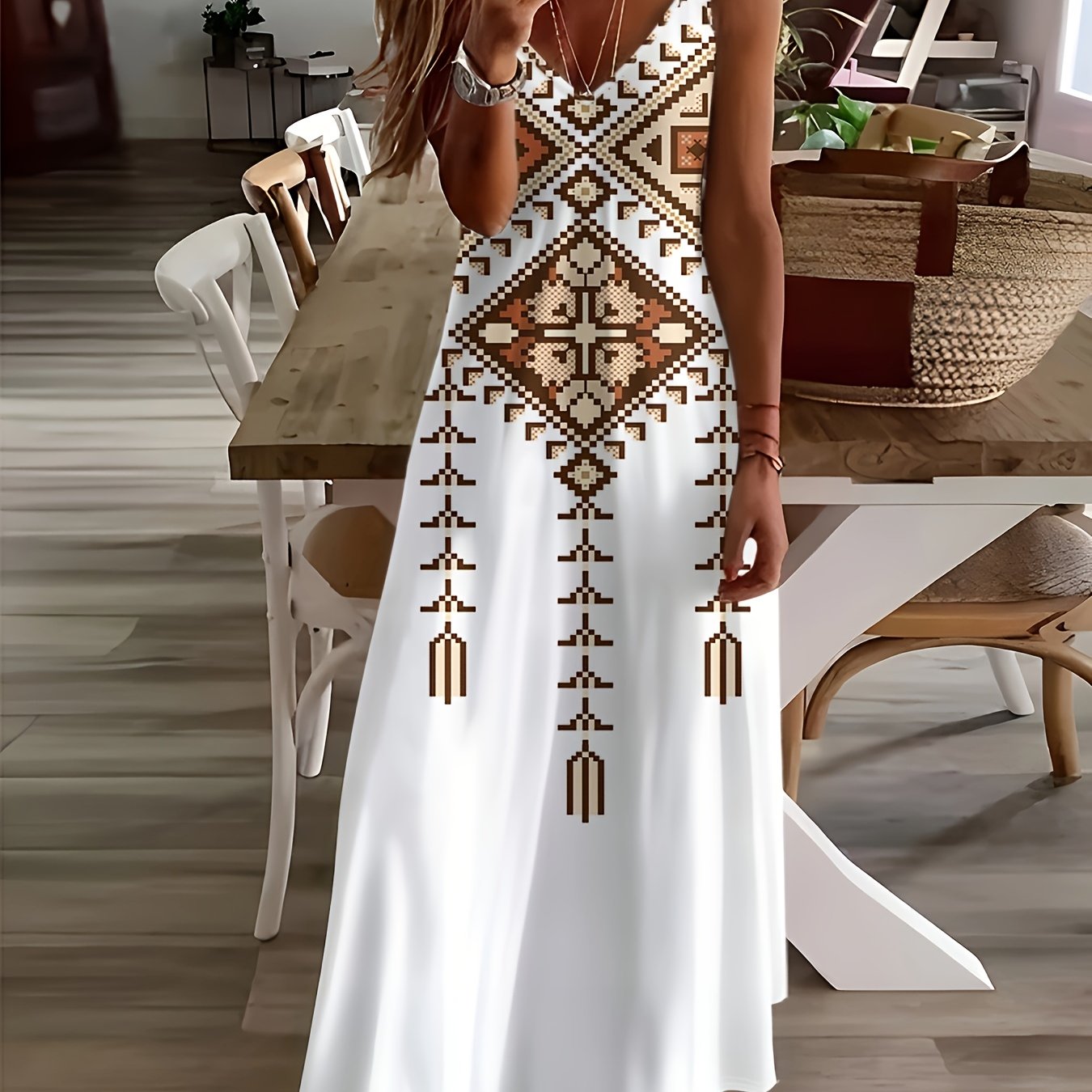   geometric tribal print v neck dress