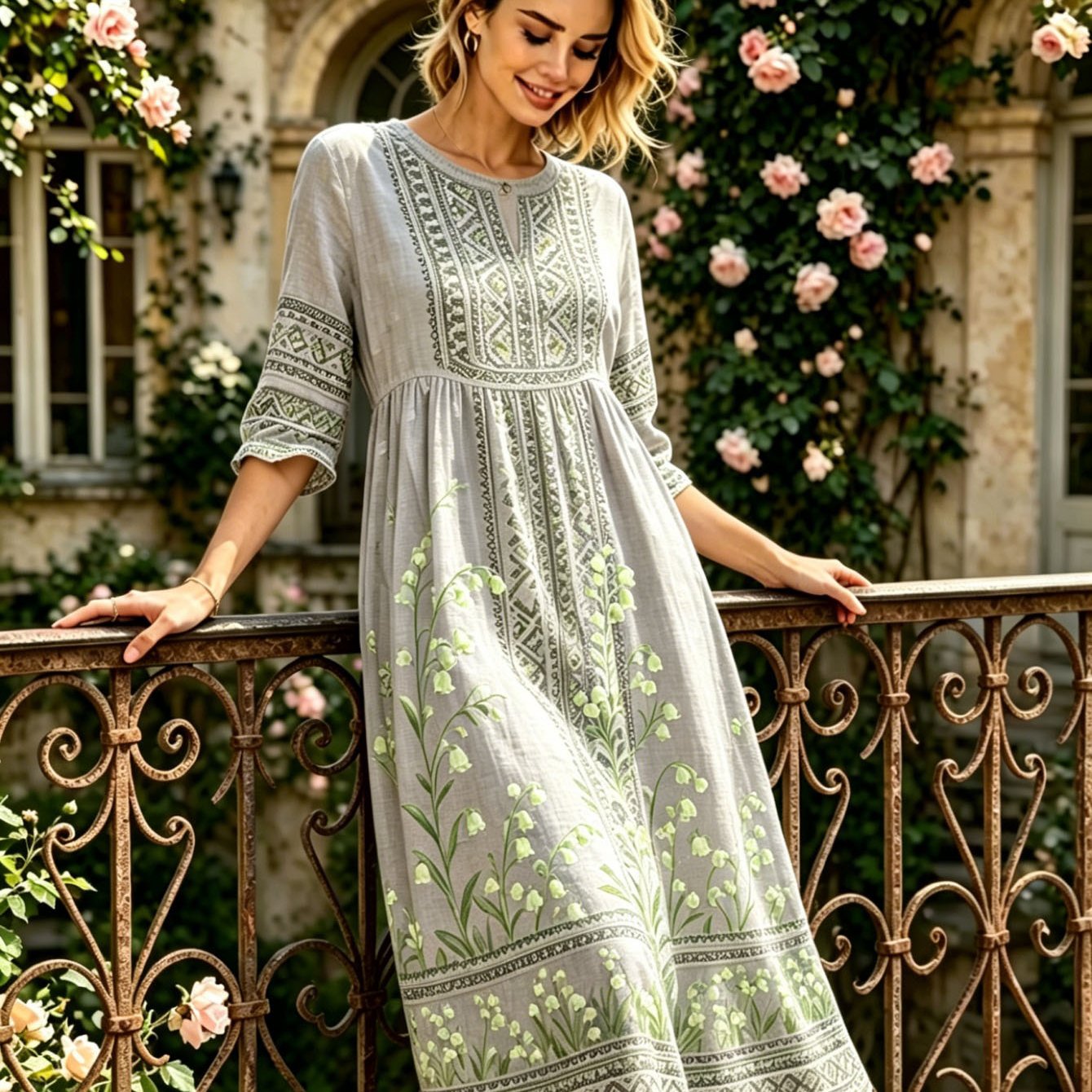 Image of Plus Size, Floral Print Midi Dress For Women, 3/4 Sleeve Round Neck Loose Bohemian Dress, Vintage Nature Inspired Casual Daily Wear