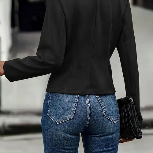 womens elegant solid color double breasted jacket polyester 100 long sleeve vintage style collarless button detail woven fabric