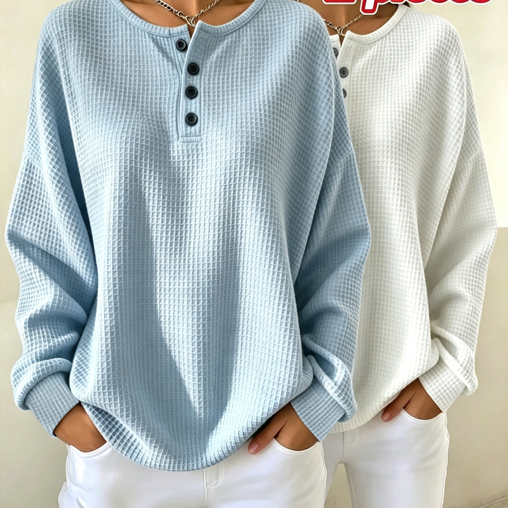 TEMU Plus Size - Plus Size Damen Sweatshirt Herbst Winter, 2-teiliges Set Henley Kragen Waffel Einfarbiges Sweatshirt, Hellblau Weiß Weich Bequem