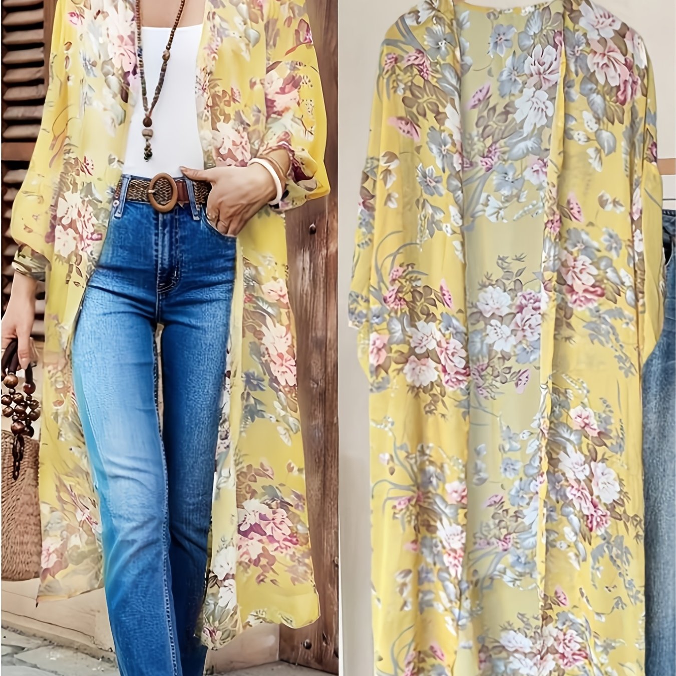 TEMU Ladies' Casual Floral Print Long Jacket, Suitable For Everyday Wear , Summer, And Autumn